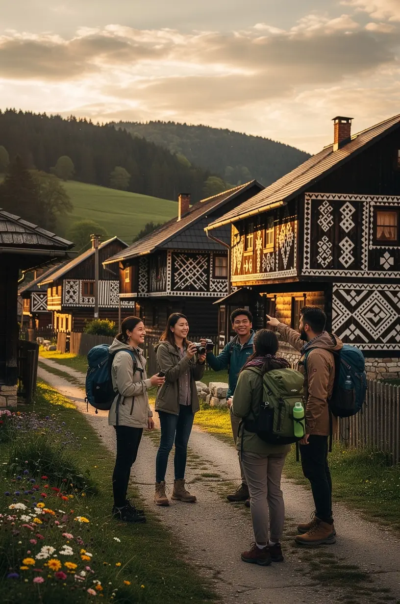 Panoramatický pohľad na malebnú slovenskú dedinu obklopenú zelenými kopcami mimo hlavných turistických trás